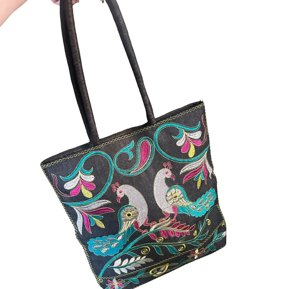 Embroidered Denim Tote Bag — 14x14, Boho/Artisan Style - Picture 3 of 8